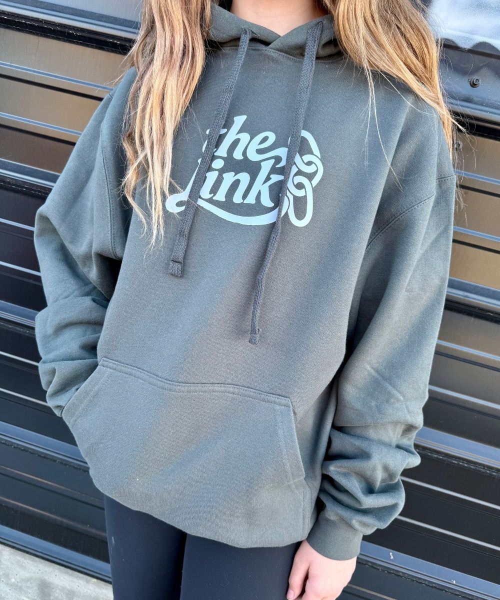 Person wearing a gray hoodie with 'the link' logo against a metallic background